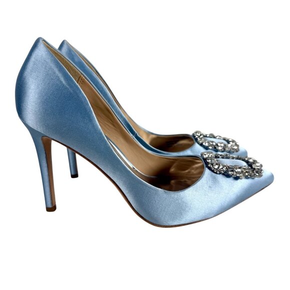 Badgley Mischka Pumps Size 9 Blue Satin Cher Crystal Buckle Pointed Toe Heels - Picture 4 of 10